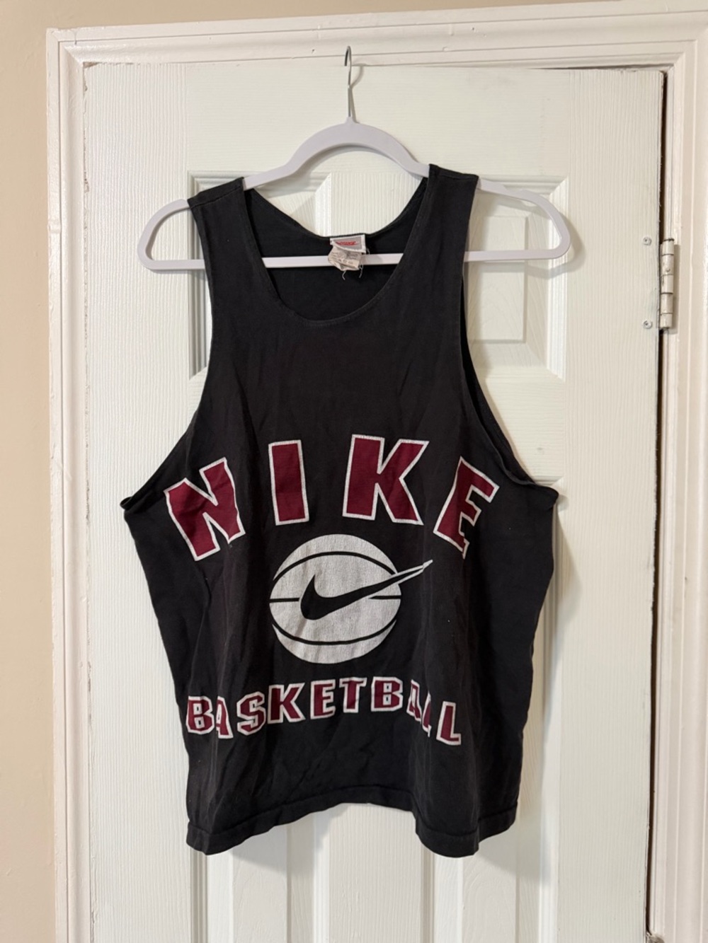 Vintage Nike Black Cropped Tank Top with Maroon and White Basketball Logo